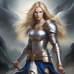 Create an image of a pretty angel warrior with long blonde, wavy hair and blue eyes