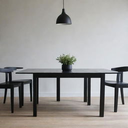 An isolated view of a large, black dining table for six chairs, with two substantial black legs