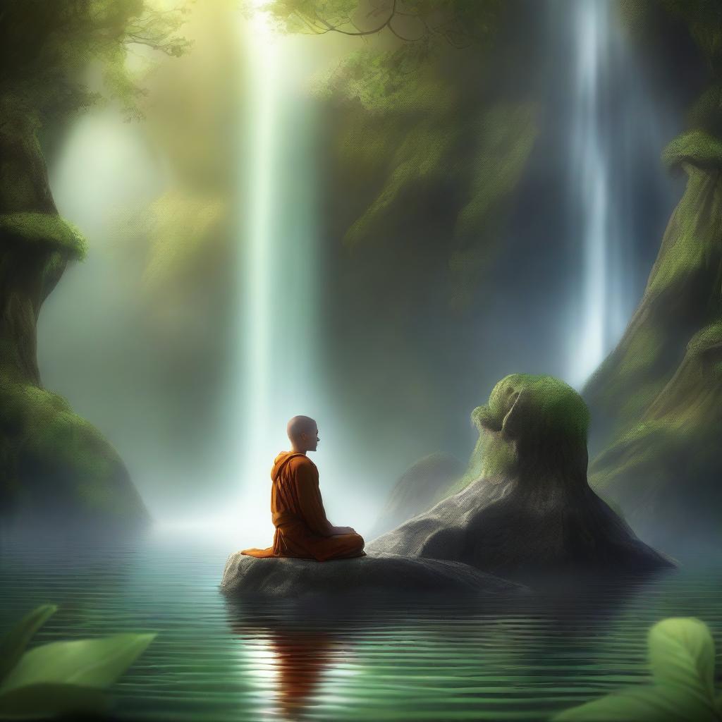 An elf monk meditating underneath a waterfall