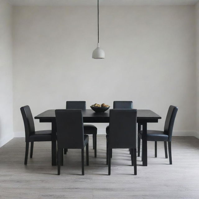 An isolated view of a large, black dining table for six chairs, with two substantial black legs