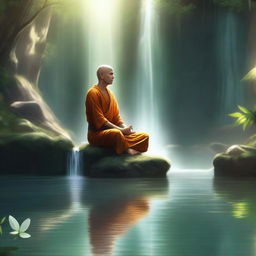 An elf monk meditating underneath a waterfall