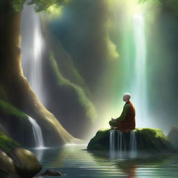 An elf monk meditating underneath a waterfall