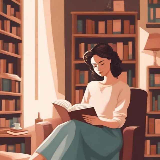 A captivating book cover illustration featuring a woman deeply engrossed in reading a book