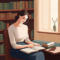 A captivating book cover illustration featuring a woman deeply engrossed in reading a book