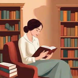 A captivating book cover illustration featuring a woman deeply engrossed in reading a book