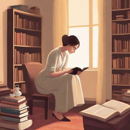 A captivating book cover illustration featuring a woman deeply engrossed in reading a book