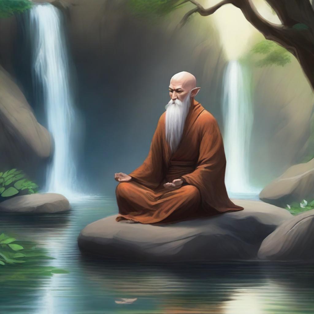 An elven monk meditating by a serene waterfall