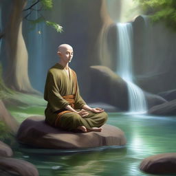 An elven monk meditating by a serene waterfall