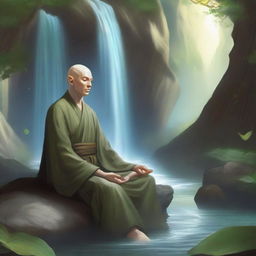 An elven monk meditating by a serene waterfall