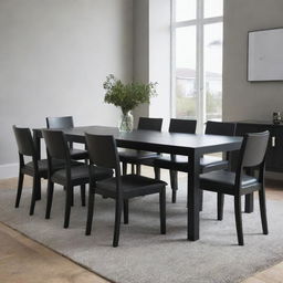 An isolated view of a large, black dining table for six chairs, with two substantial black legs