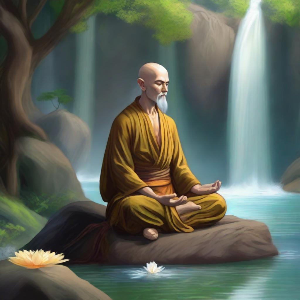 An elven monk meditating by a serene waterfall