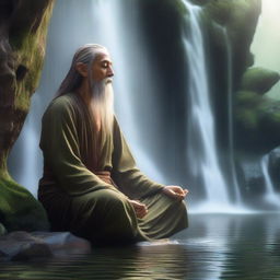 An elven monk with long hair meditating under a waterfall