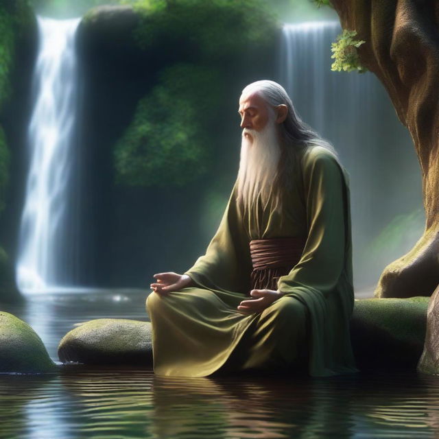 An elven monk with long hair meditating under a waterfall