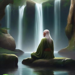 An elven monk with long hair meditating under a waterfall