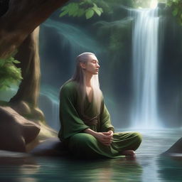 An elven monk with long hair meditating under a waterfall