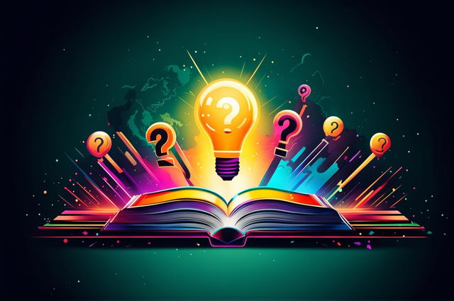 Create a vibrant HD graphic for a 'general knowledge quiz' YouTube thumbnail background with elements like books, light bulbs, question marks, and a globe