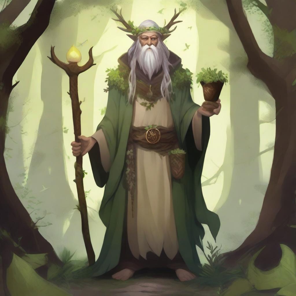 A druid variant human standing in a mystical forest, surrounded by ancient trees, magical creatures, and glowing plants