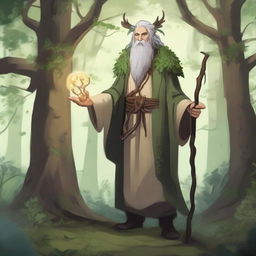 A druid variant human standing in a mystical forest, surrounded by ancient trees, magical creatures, and glowing plants