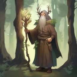 A druid variant human standing in a mystical forest, surrounded by ancient trees, magical creatures, and glowing plants