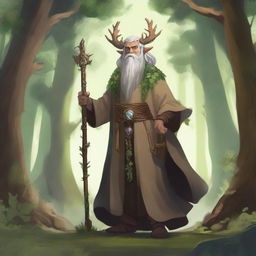 A druid variant human standing in a mystical forest, surrounded by ancient trees, magical creatures, and glowing plants