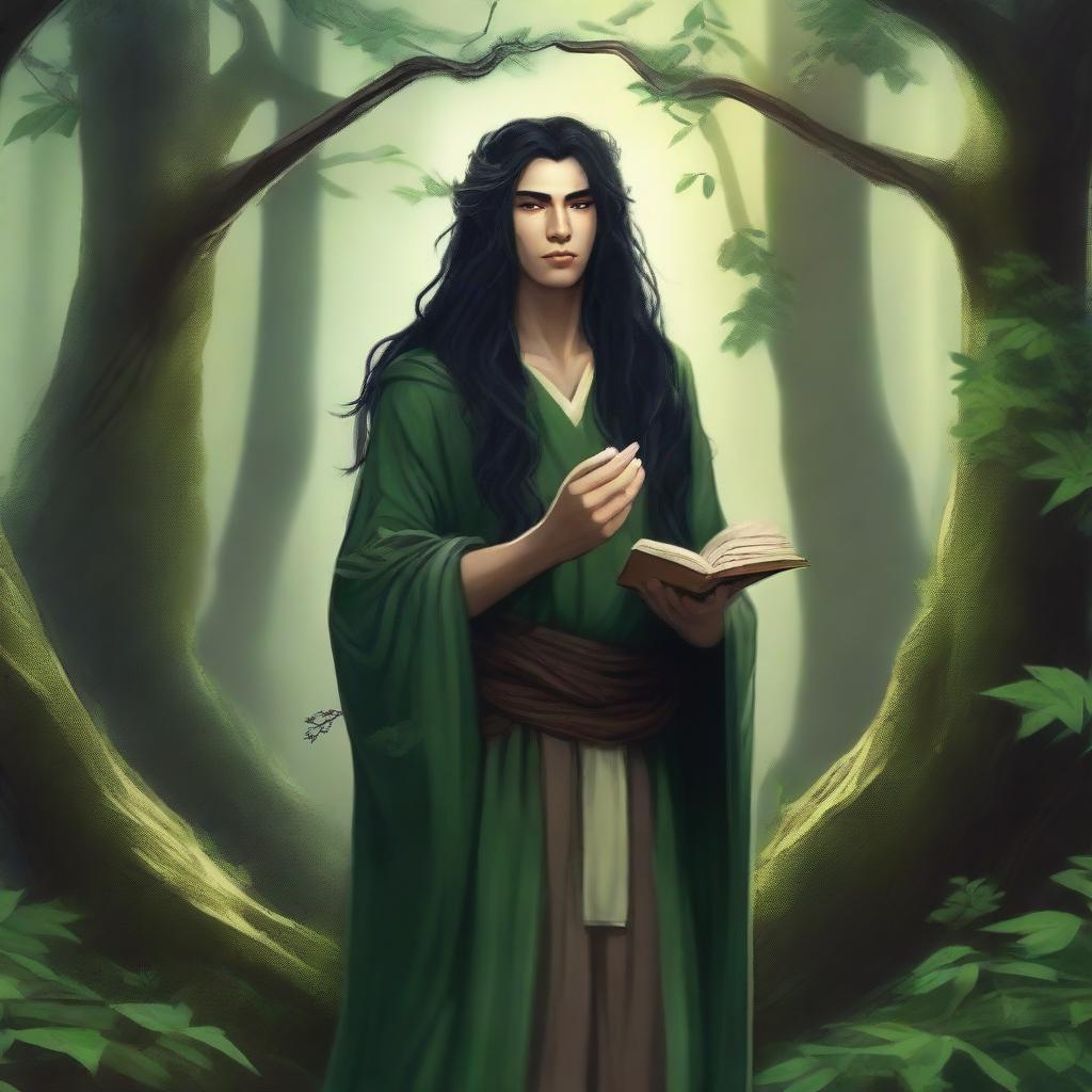 A young druid with flowing black hair, dressed in nature-inspired clothing, surrounded by a lush forest