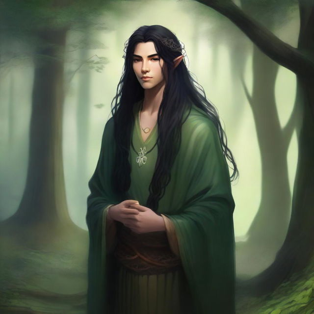 A young druid with flowing black hair, dressed in nature-inspired clothing, surrounded by a lush forest