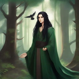 A young druid with flowing black hair, dressed in nature-inspired clothing, surrounded by a lush forest