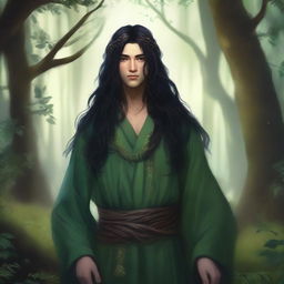 A young druid with flowing black hair, dressed in nature-inspired clothing, surrounded by a lush forest