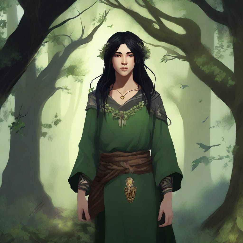 A young human druid with black hair, standing in a mystical forest