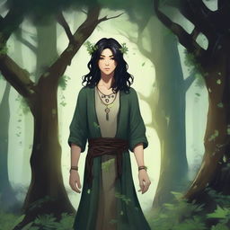 A young human druid with black hair, standing in a mystical forest