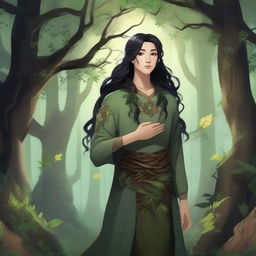 A young human druid with black hair, standing in a mystical forest