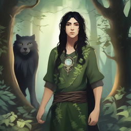 A young human druid with black hair, standing in a mystical forest