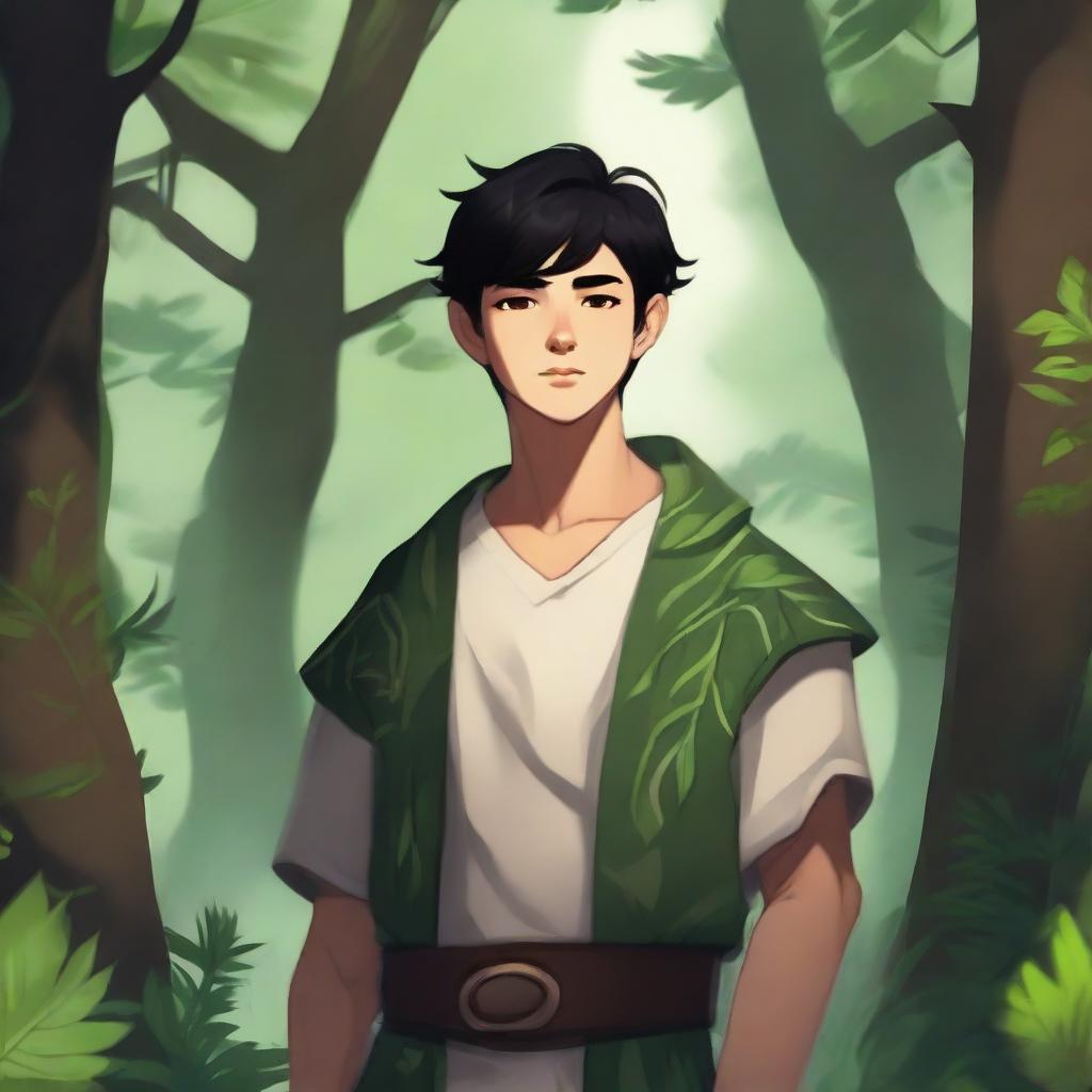 A young human male druid with black short hair, wearing nature-inspired clothing and surrounded by a lush forest