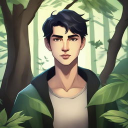 A young human male druid with black short hair, wearing nature-inspired clothing and surrounded by a lush forest