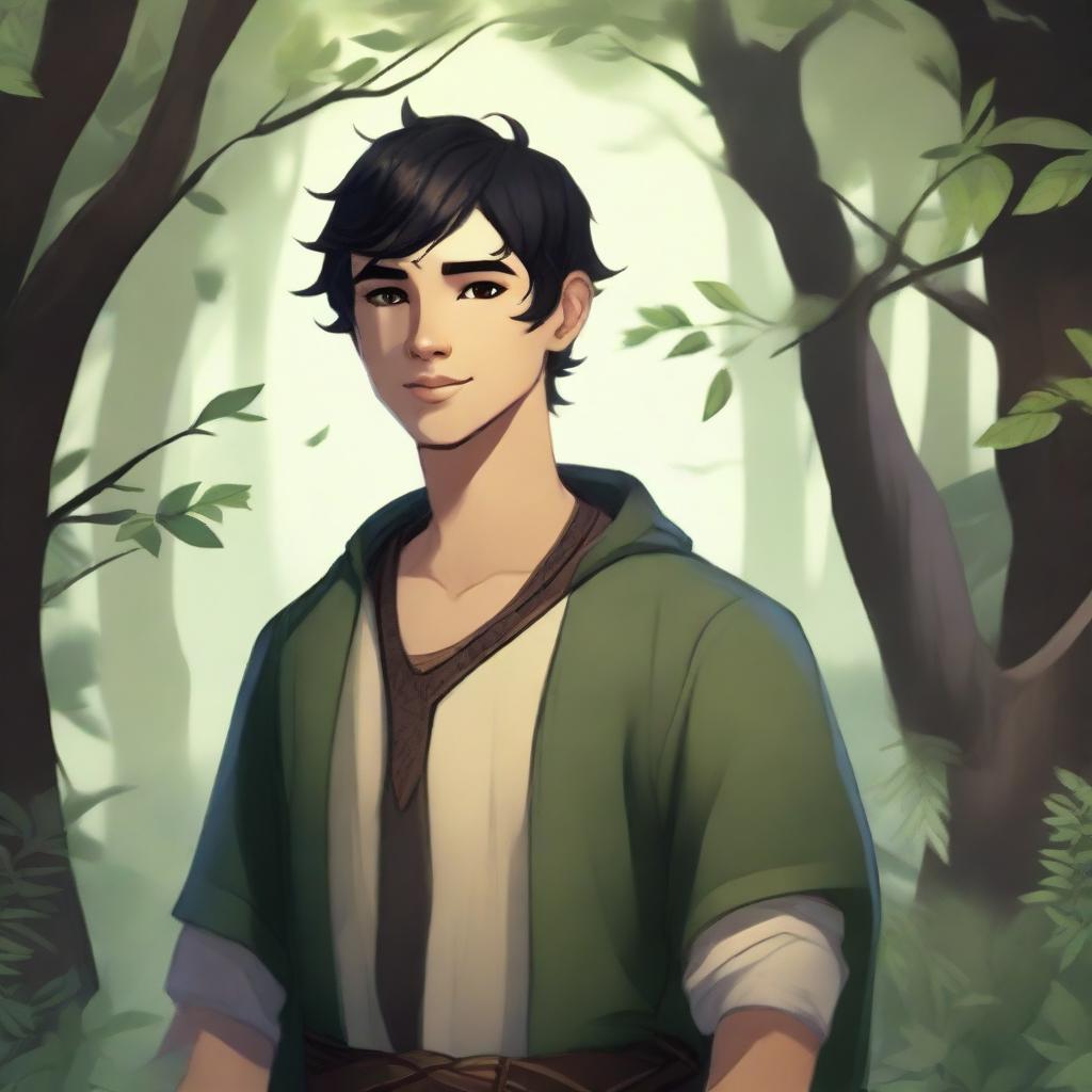 A young human male druid with black short hair, wearing nature-inspired clothing and surrounded by a lush forest