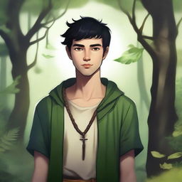 A young human male druid with black short hair, wearing nature-inspired clothing and surrounded by a lush forest