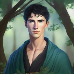 A young human male druid with black short hair and blue eyes