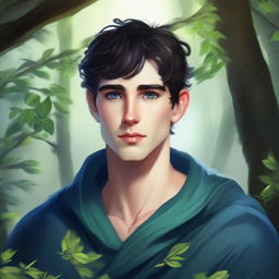 A young human male druid with black short hair and blue eyes