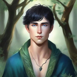 A young human male druid with black short hair and blue eyes