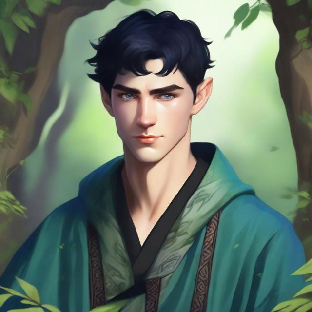 A young human male druid with black short hair and blue eyes