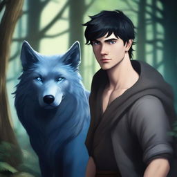 A young human male druid with short black hair and blue eyes