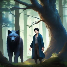 A young human male druid with short black hair and blue eyes