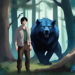 A young human male druid with short black hair and blue eyes