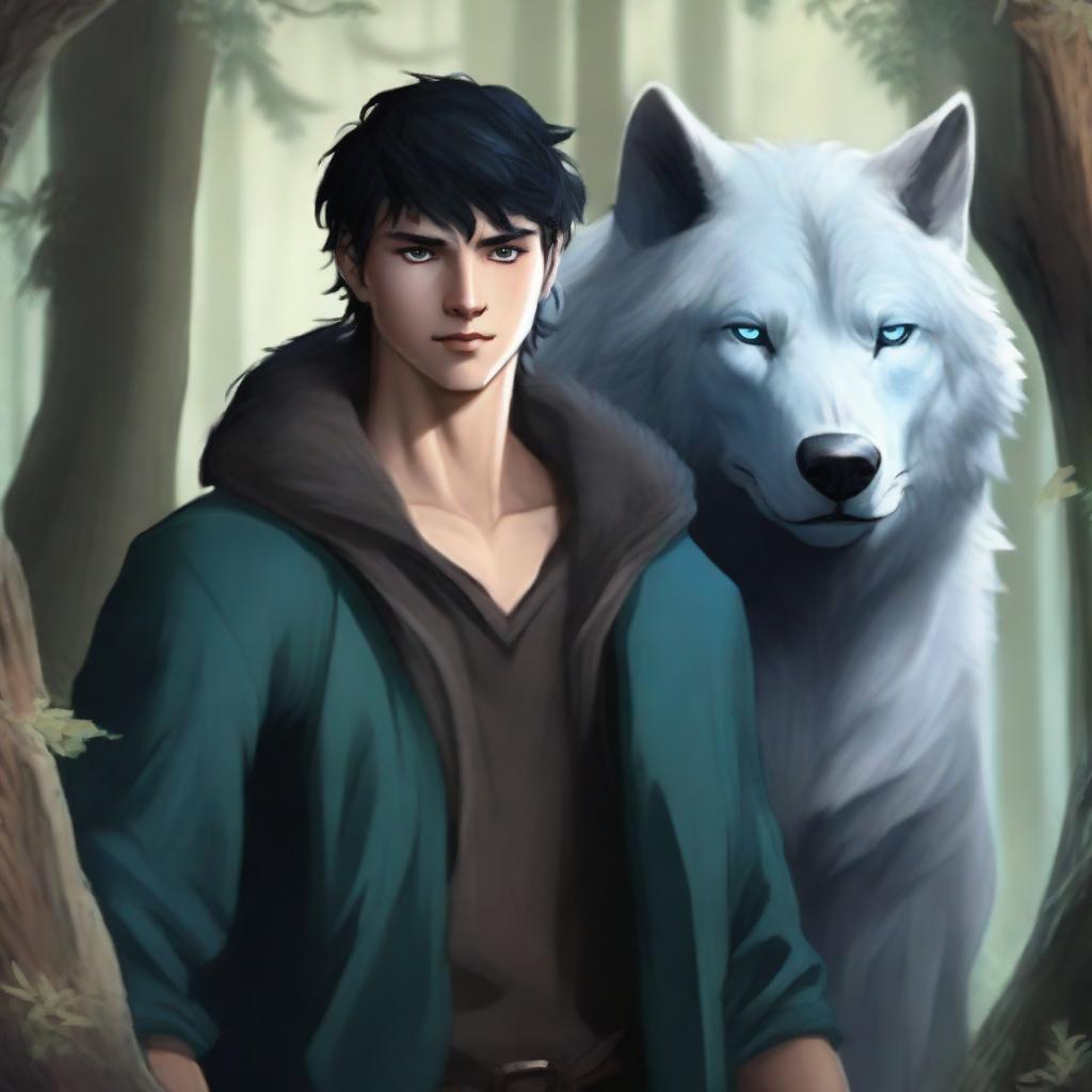 A young human male druid with short black hair and blue eyes