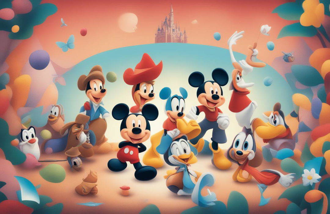 Create a high-definition, colorful, and engaging background graphic for a 'Disney Quiz' YouTube thumbnail featuring iconic Disney elements and characters, with no text