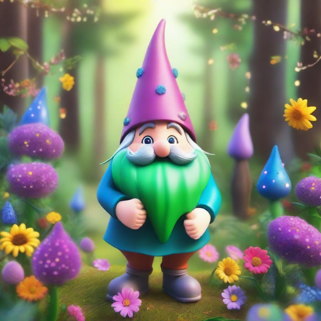 A whimsical gnome with spiky green hair, no beard, and a very large nose