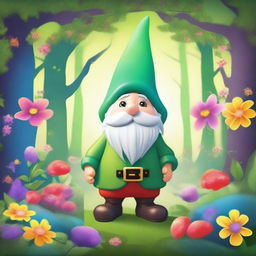 A whimsical gnome with spiky green hair, no beard, and a very large nose