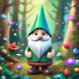 A whimsical gnome with spiky green hair, no beard, and a very large nose