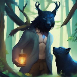 A young human male druid with black short hair and blue eyes is using a totem with a beast