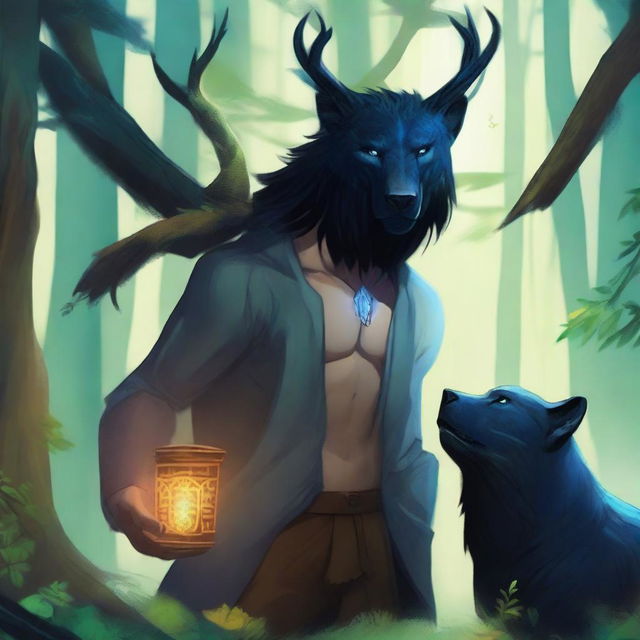 A young human male druid with black short hair and blue eyes is using a totem with a beast